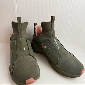 Hunter green and pink Puma fierce. Suede